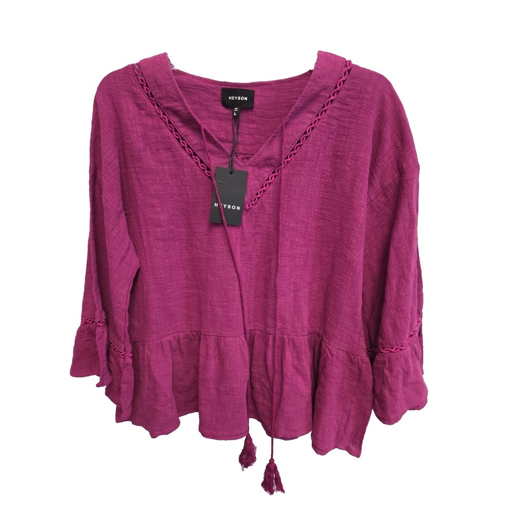 Heyson Womens L Top Peasant Blouse Tie Front Peplum Bell 3/4‎ Sleeve Magenta NWT